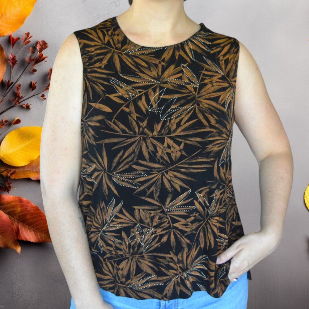 Vintage 90s Mariani Black Brown Leaf Print Slinky Tank Top Women's XL